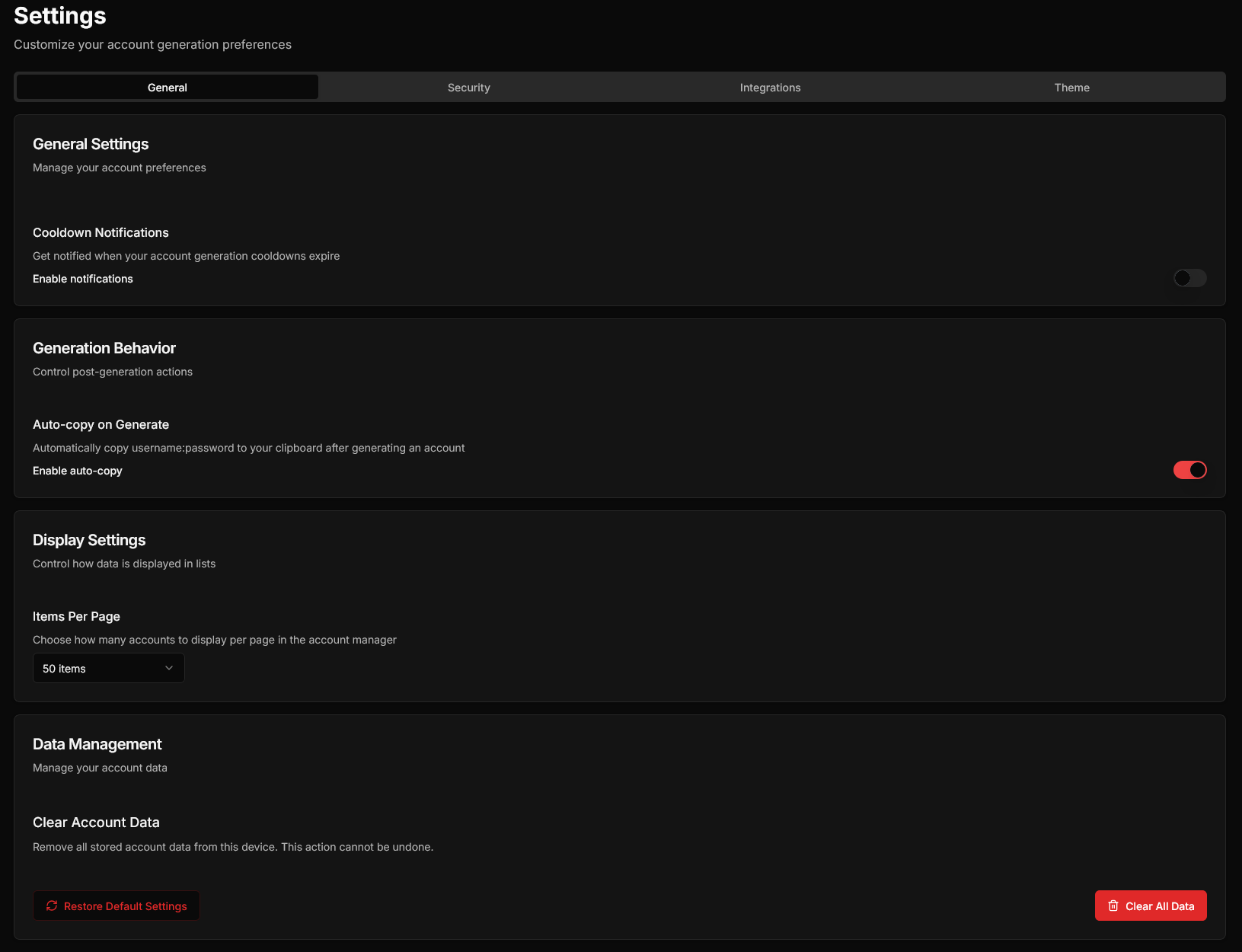 General Settings Dashboard