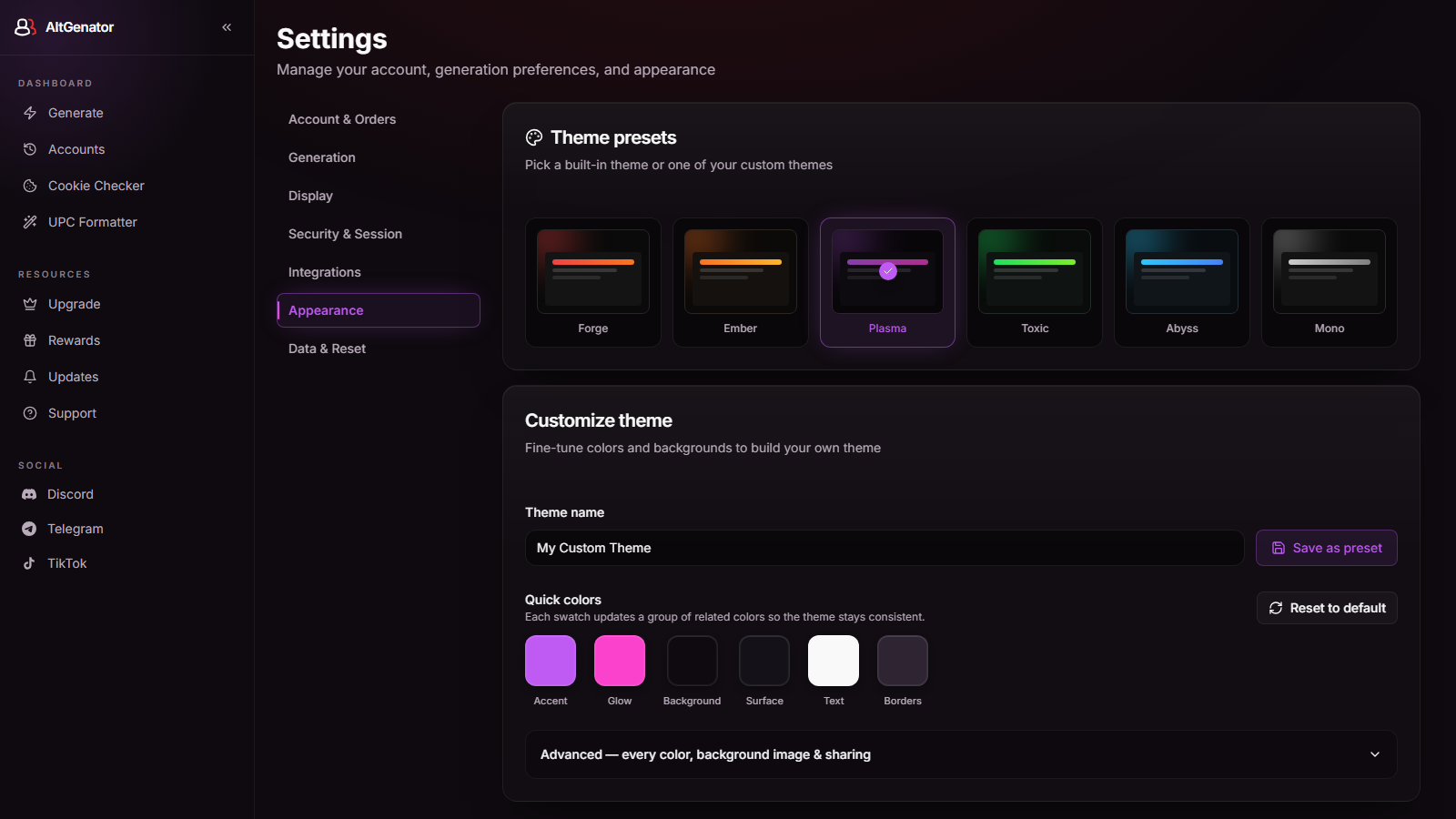 AltGenator dashboard theme presets and custom theme editor